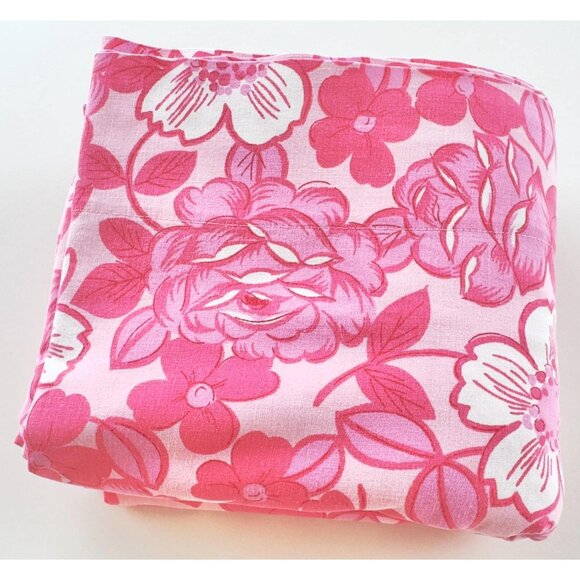 Vintage 70s flat /top sheet, pink and white flowers bedsheet, twin size bed - Picture 7 of 8